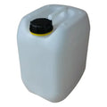Weißer 10 liter kanister aus hdpe mit schwarzem deckel und gelbem rand aus kunststoff nach din61 standard