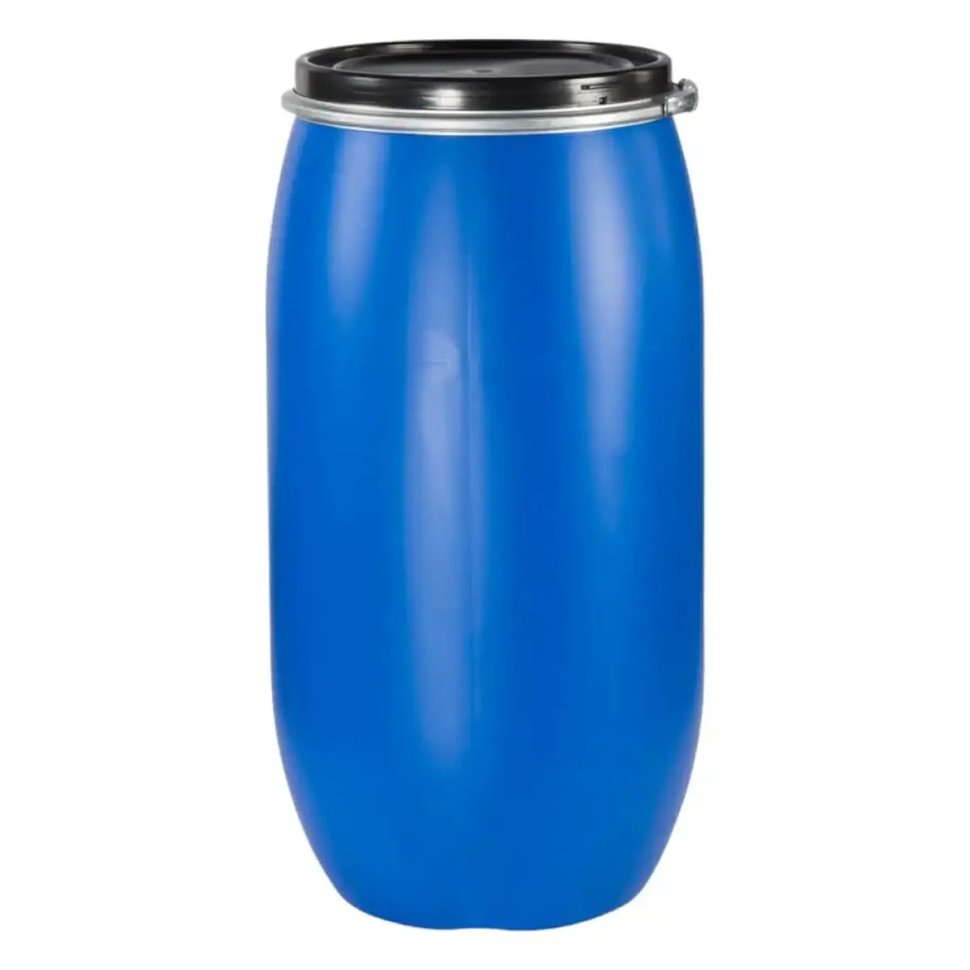 Blaues 150 liter weithalsfass aus kunststoff mit schwarzem deckel und silbernem rand