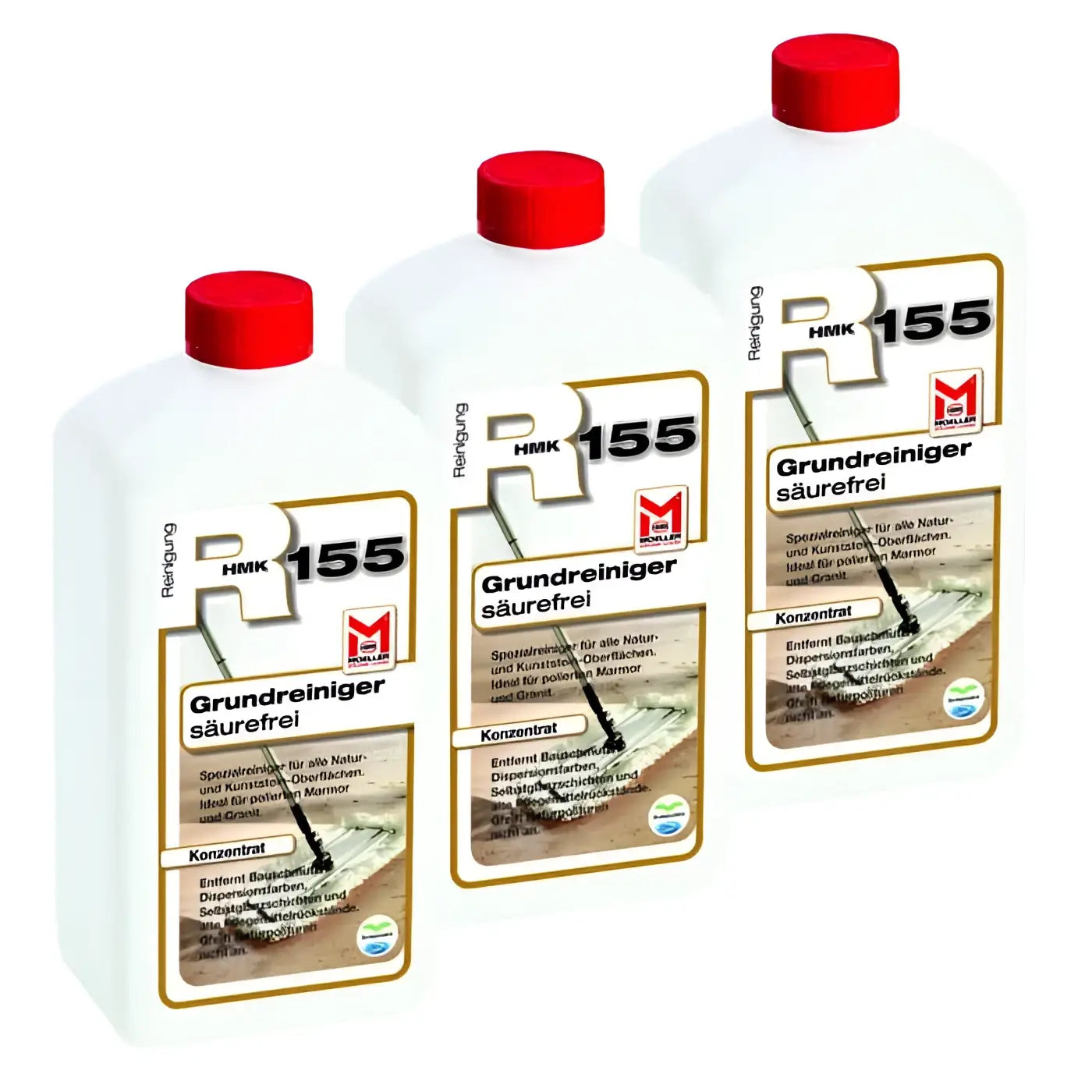 Drei weiße kunststoffflaschen mit roten verschlüssen und goldumrandetem etikett rhk 155 säurefreier oberflächenreiniger 3x set