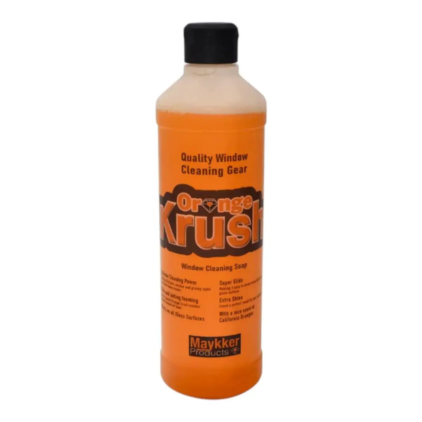 Maykker orange krush glasreiniger seife in durchsichtiger orange flasche mit schwarzem deckel zur fensterreinigung