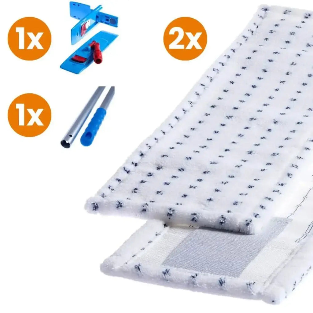 Weiße mikrofaser-wischmop-pads mit schwarzem blumenmuster und grauer mesh-rückseite für bodenwischer profi-set parkett und laminat 40cm