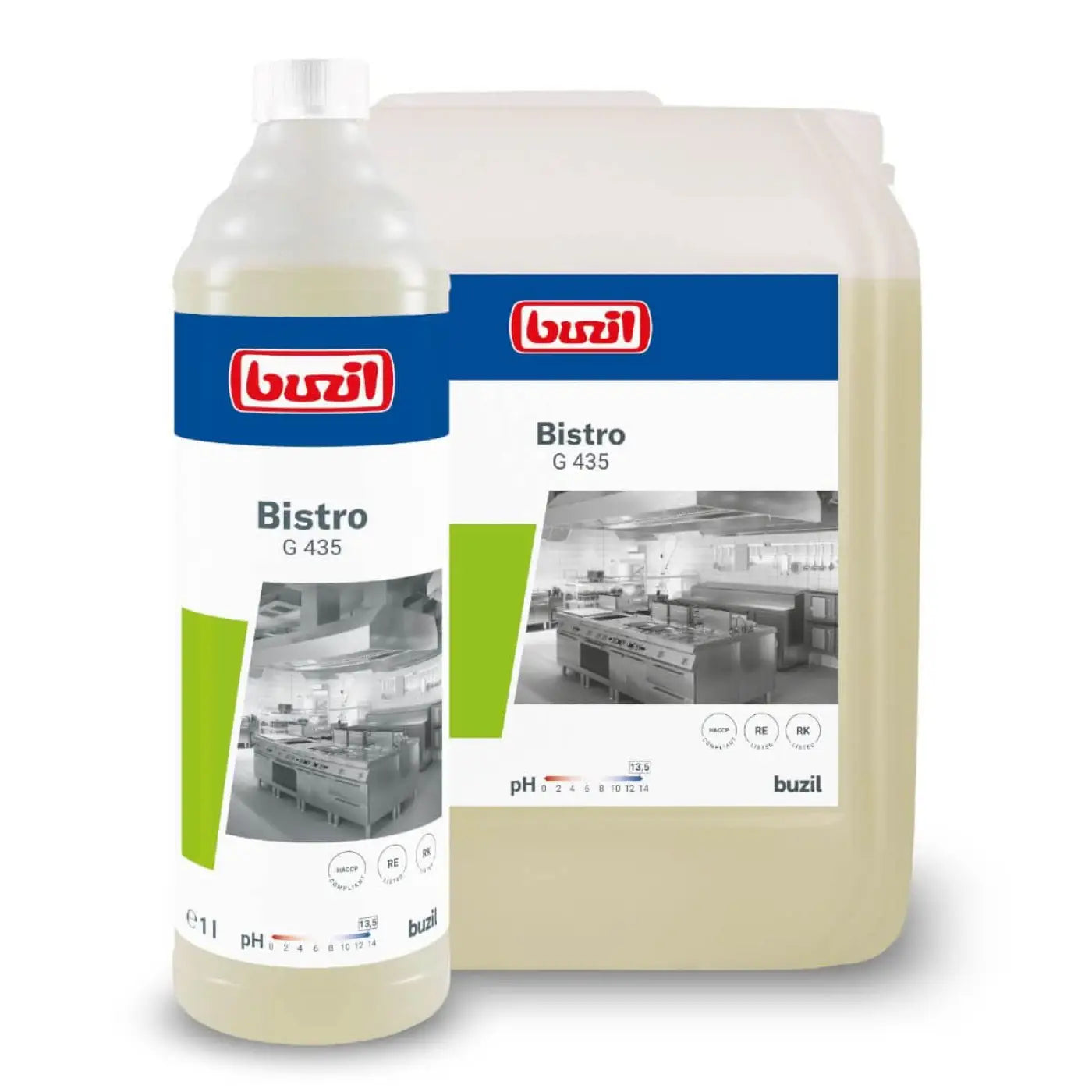 Buzil bistro g435 küchen-intensivreiniger 1l in durchsichtigem flasche und großer kanister mit blauen und grünen etiketten