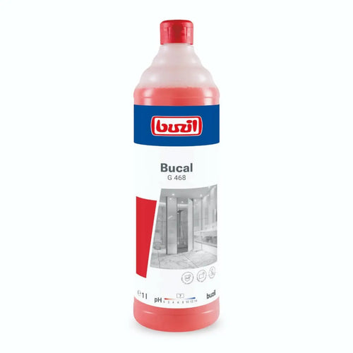 Rote plastikflasche buzil bucal g468 säurefreier sanitärunterhaltsreiniger 1l mit rotem verschluss und blau-weiß-rotem etikett