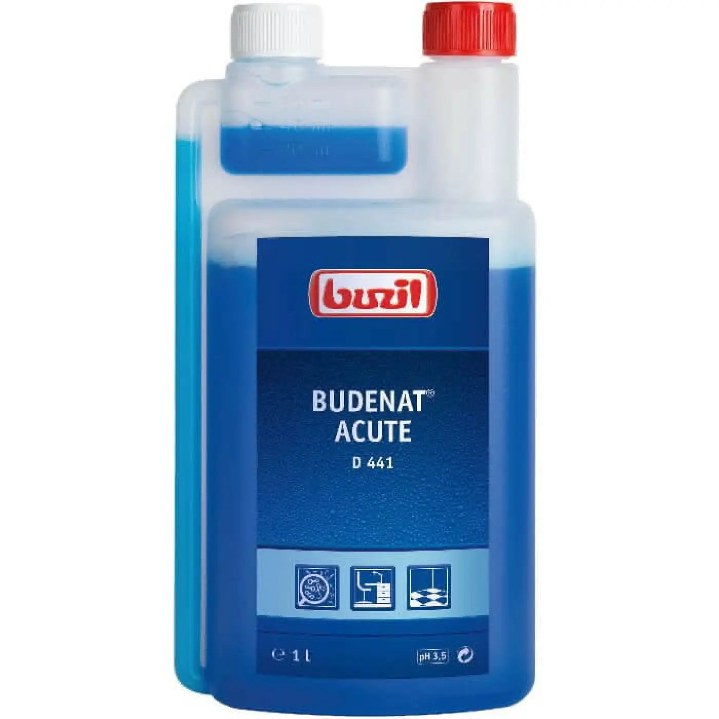 Blaue flasche mit 1 liter budenat acute d441 desinfektionsreiniger und weißer kappe mit rotem schraubverschluss