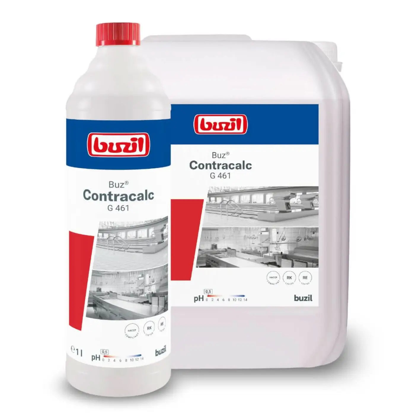 Weiße kunststoffflasche mit rotem deckel und label des buzil contracalc g461 saurer grundreinger neben größerem behälter