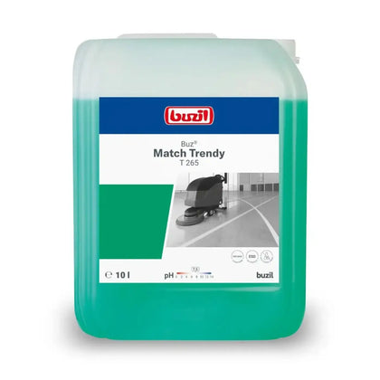 Ein 10-liter container buzil buz match trendy t265 automatenreiniger mit grünem reinigungslösung und blaß weiß grün etikett