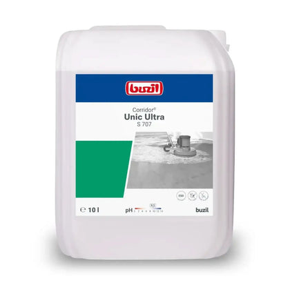 Weißer kunststoffbehälter mit buzil corridor unic ultra s707 reinigungslösung, blau-grünes etikett, 10 liter