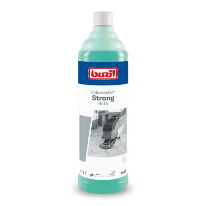 Eine durchscheinend türkisblaue flasche mit weißem verschluss und blauem etikett, gebrandet als buzil indumaster strong ir 45 hochalkalischer industriereiniger 1l