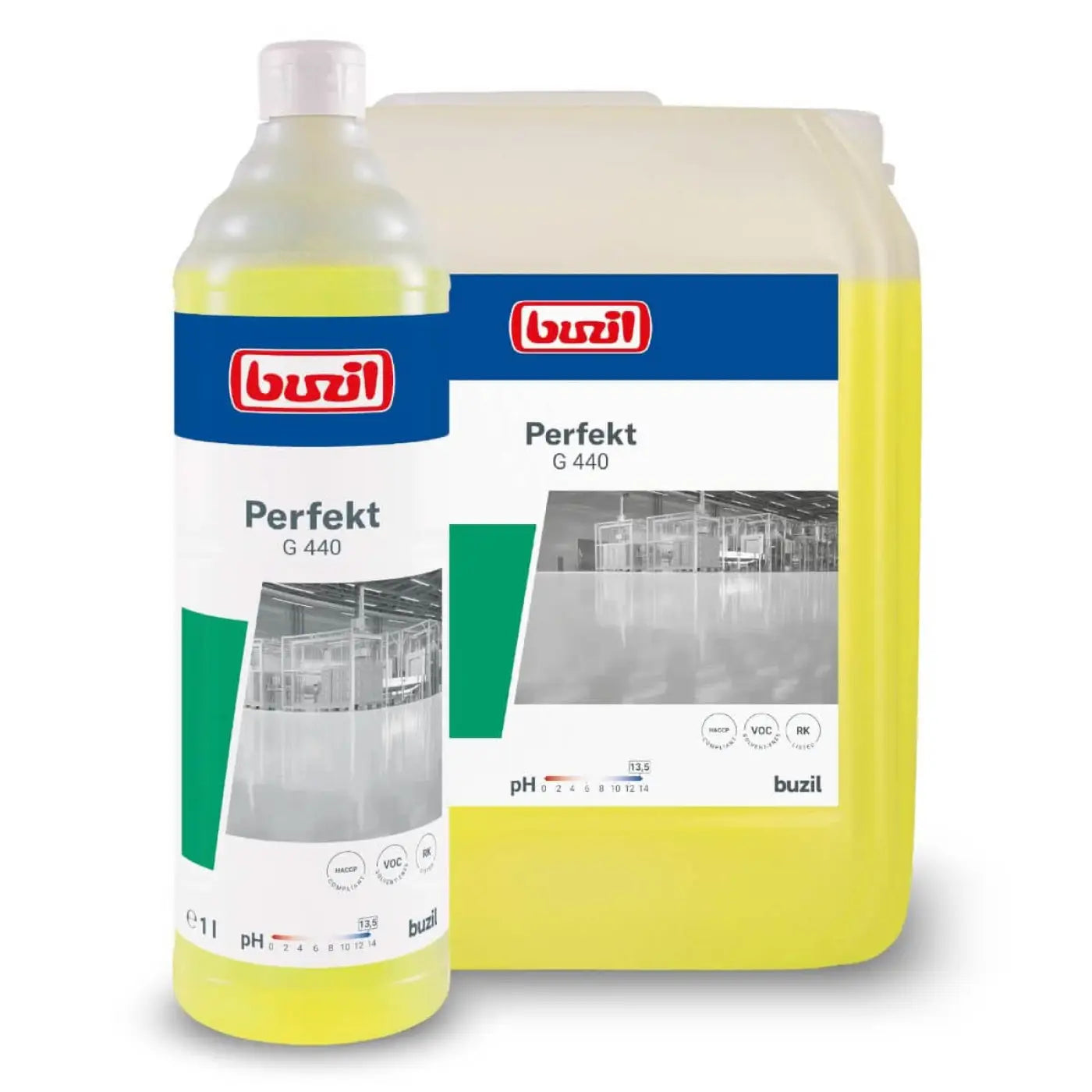 Gelbe flüssigkeit in transparenter flasche und großer undurchsichtiger 10l flasche von buzil perfekt g 440 alkalischer intensivreiniger