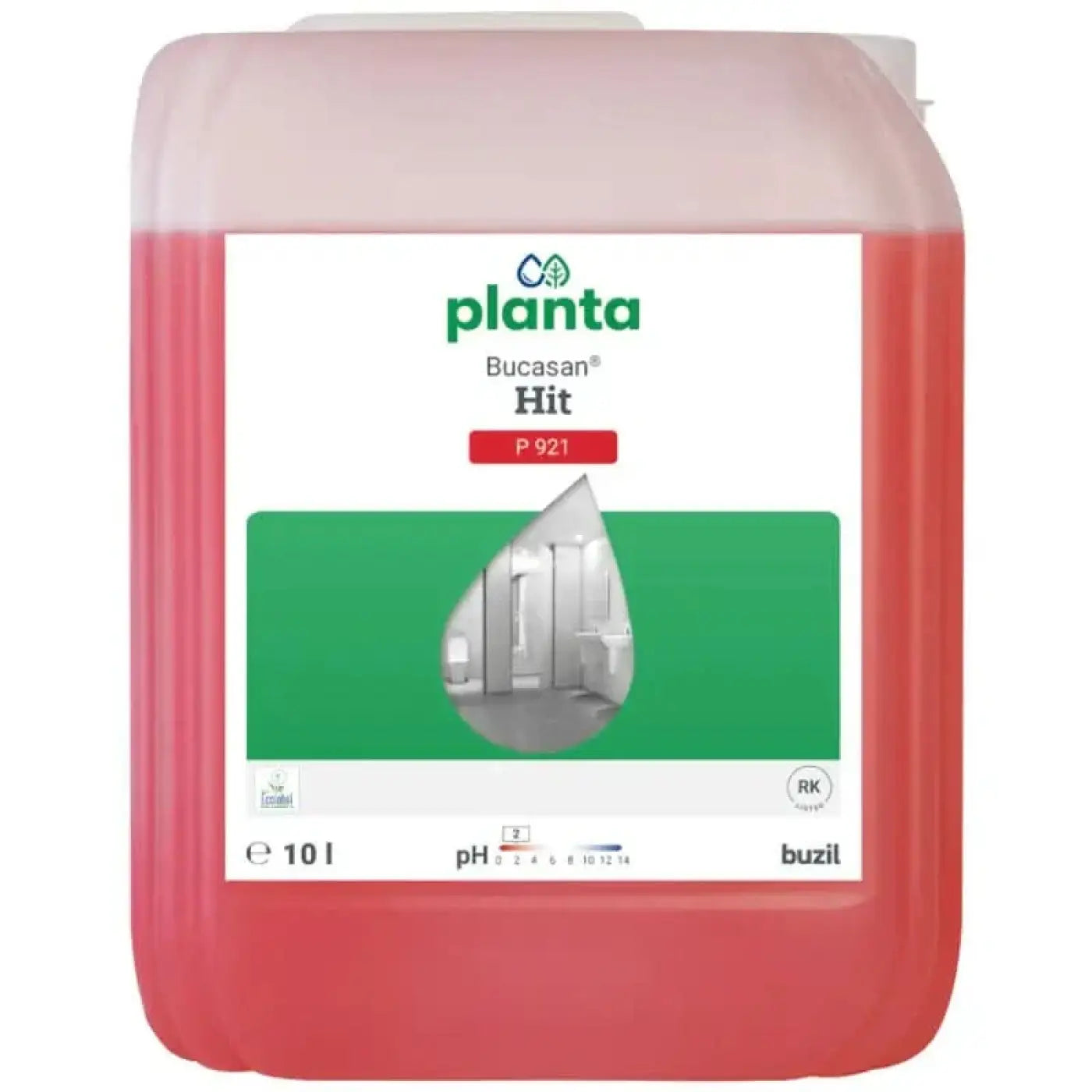 A 10-liter translucent jug of red buzil planta bucasan hit p921 sanitärreiniger with white cap