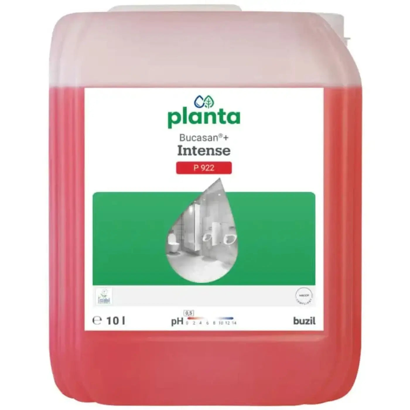 A 10-liter container of buzil planta bucasan+ intense p922 red plastic cleaning solution with green-accented label