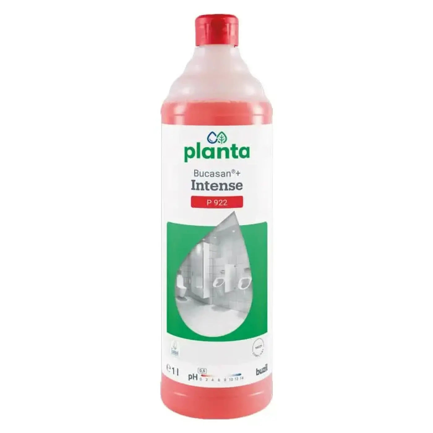 Eine klare plastikflasche mit rotem verschluss, rosafarbener flüssigkeit und etikett buzil planta bucasan+ intense p 922 sanitärreiniger 1l