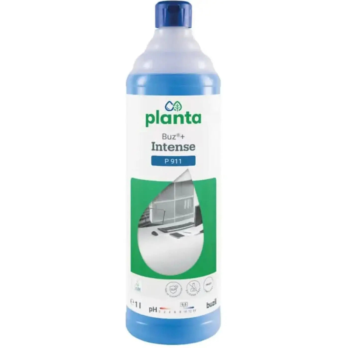 Eine blaue plastikflasche planta buz+ intense p911 glas- und oberflächenreiniger mit passendem blauem verschluss