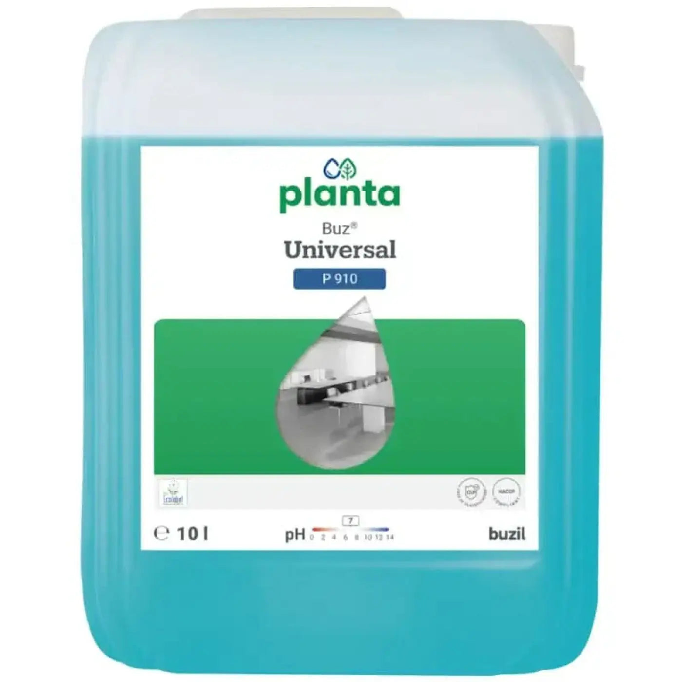 Ein 10-liter container des planta buz universal p910 reinigungslösung in transluzent türkis mit weißem etikett und grünen akzenten