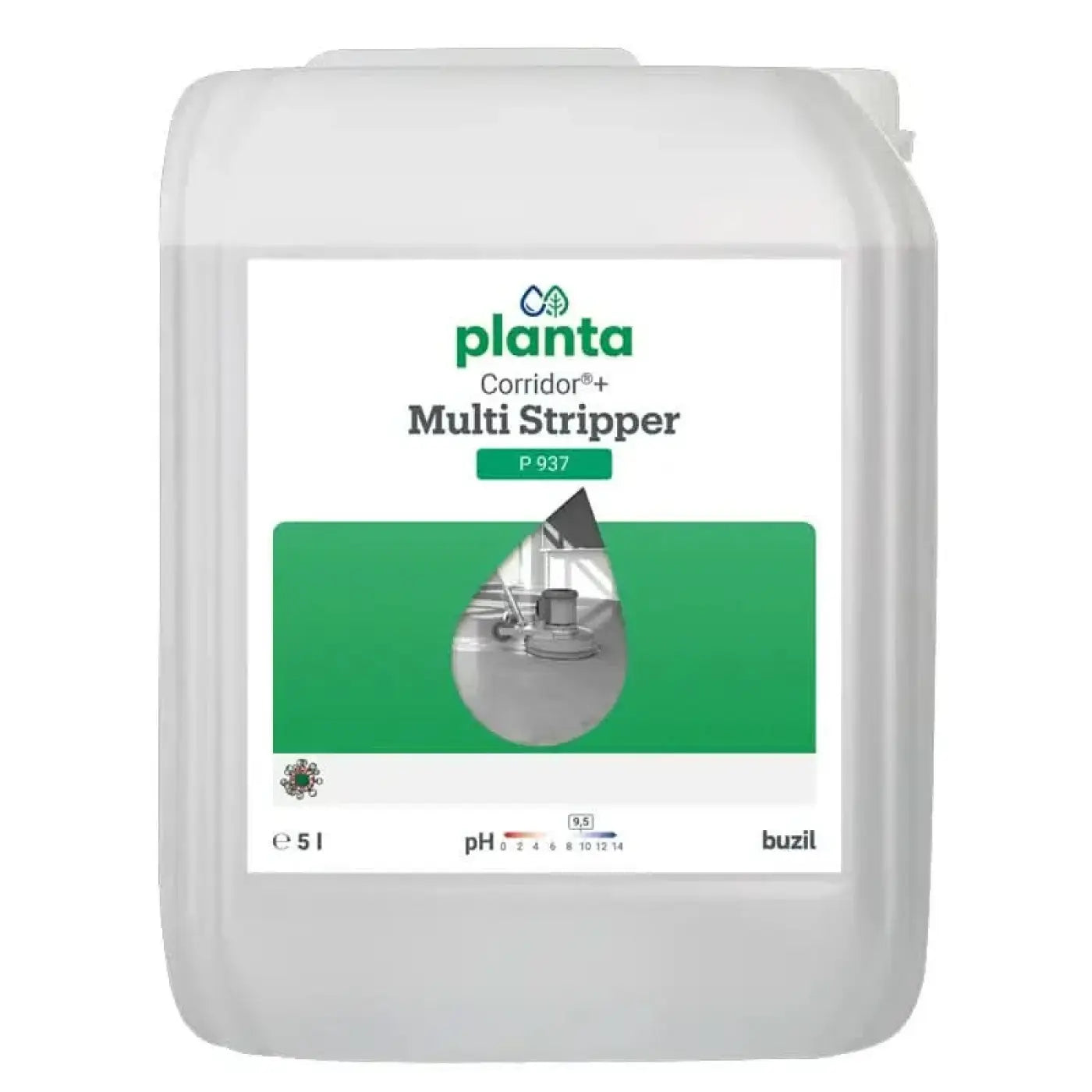 Weißer kunststoffkanister mit grünetikett planta corridor+ multi stripper p 937 grundreiniger 5l von buzil