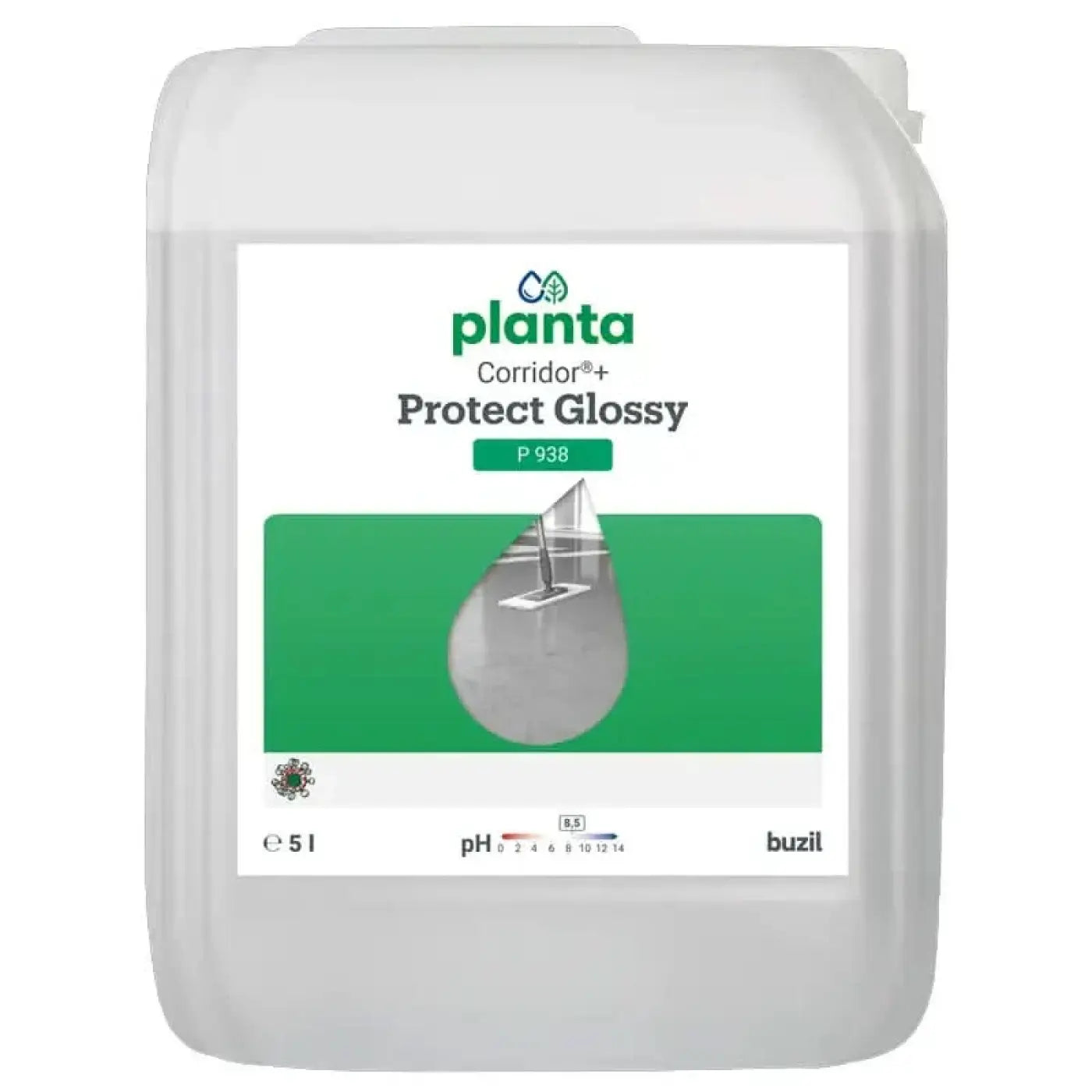 Weißer plastikbehälter mit buzil planta corridor+ protect glossy p938 reinigungslösung 5l