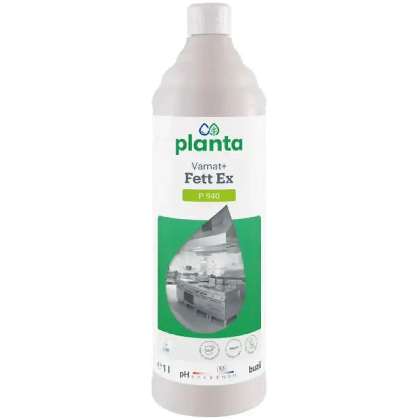 Weiße plastikflasche mit grün weißem label der marke planta und produktlinie vamat+ fett ex für industrielle reinigung