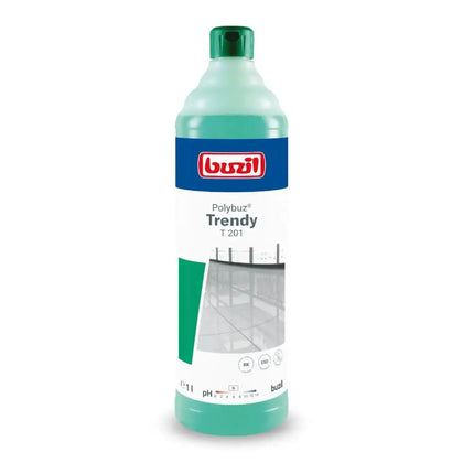 Eine durchscheinend grüne flasche buzil polybuz trendy t201 bodenreiniger mit dunkelgrünem deckel und ph-angabe auf dem etikett