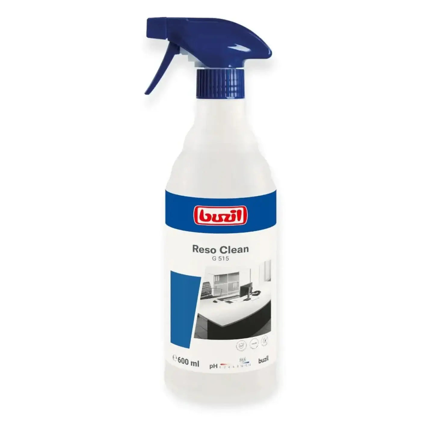 Weiße Kunststoffsprühflasche mit blauem Auslöser und Deckel, Reso Clean G 515 von Buzil, 600ml Sprühreiniger