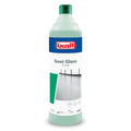 Eine durchsichtige grüne flasche suwi glanz g210 bodenreiniger mit grünem deckel und weißem etikett von atika