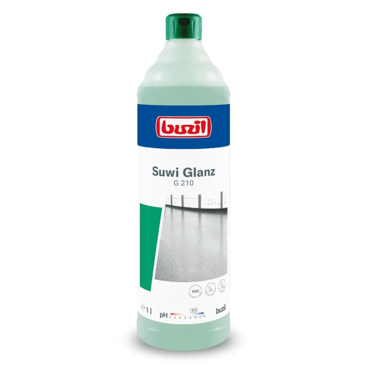 Eine durchsichtige grüne flasche suwi glanz g210 bodenreiniger mit grünem deckel und weißem etikett von atika