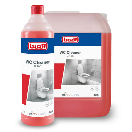 Buzil wc cleaner g465 sanitärgrundreiniger 1l mit roter flüssigkeit in kunststoffflasche und kanister