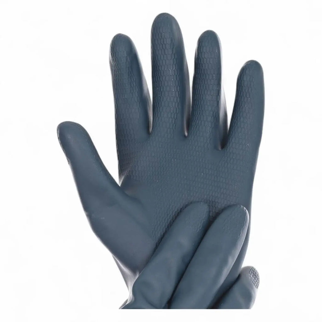 Dunkelgrauer chemikalienschutzhandschuh grande aus latex und chloropren mit strukturierter grifffläche auf handfläche und fingern