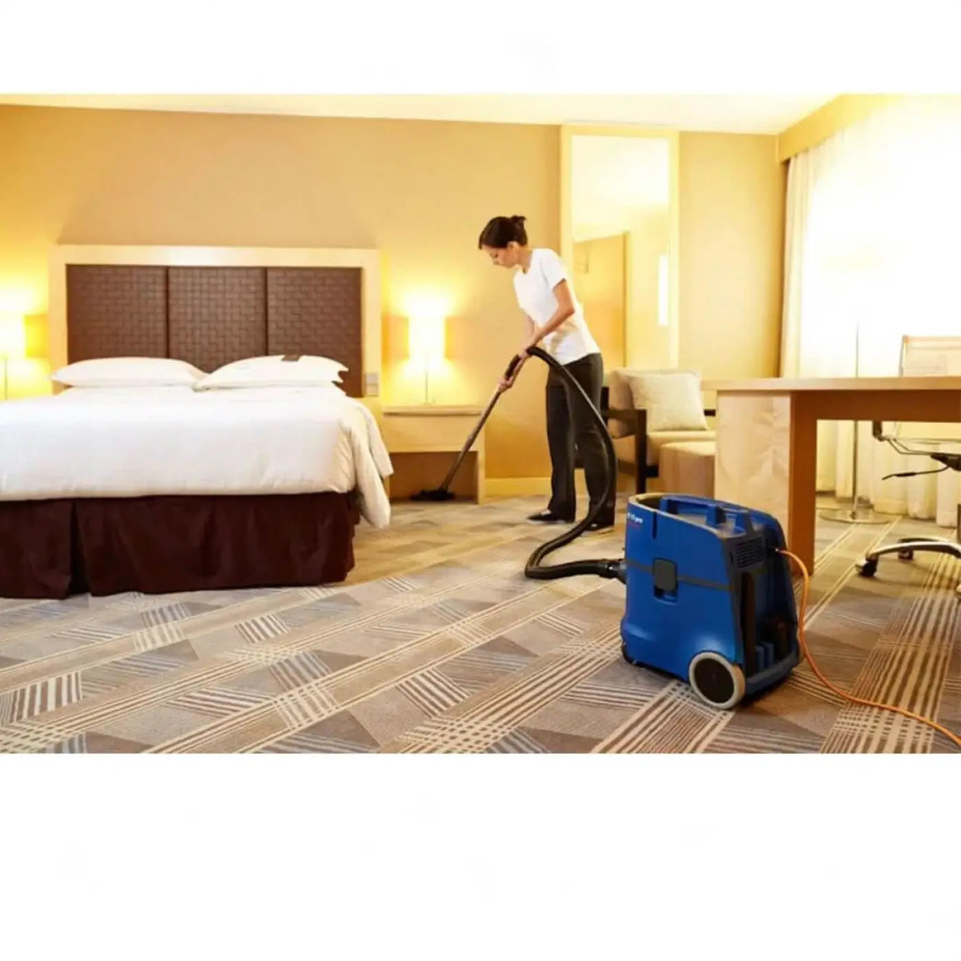 Blauer bodenreinigungsstaubsauger columbus st11 mit schwarzem schlauch und rollen von hinten gesehen