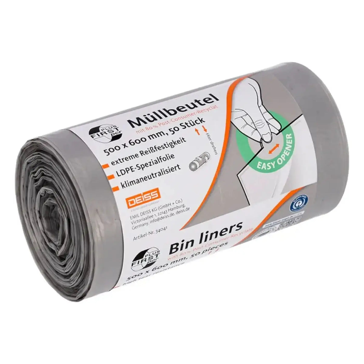 DEISS FIRST PLUS PCR Müllbeutel 30 Liter LDPE grau 34041 – Produktabbildung; Lieferumfang: 36 Rollen