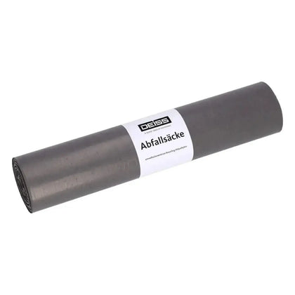 A roll of deiss standard 30 liter dark gray hdpe durable plastic trash bags with a white label