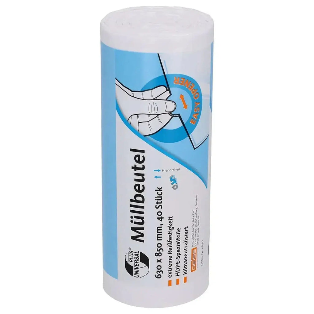 Eine rolle weiße, langlebige hdpe müllbeutel mit blauem etikett und deutscher beschriftung für drahtgitterkörbe