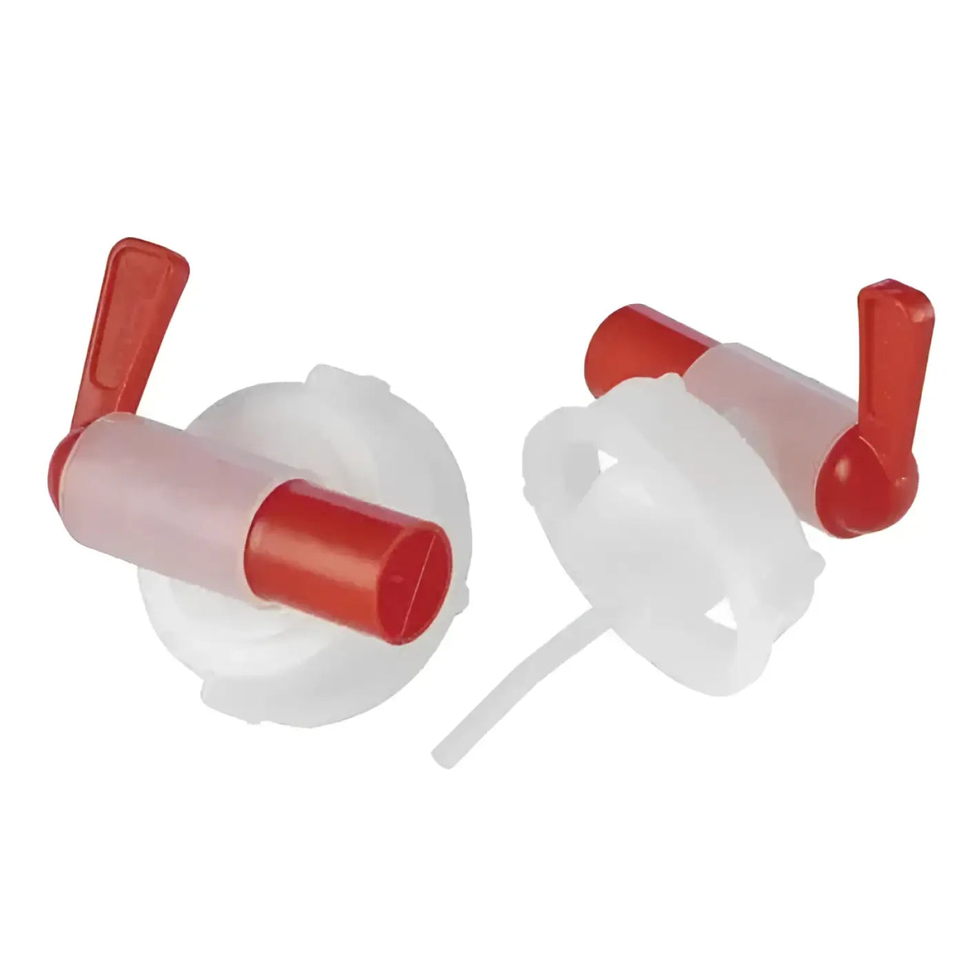 Dosierhilfe auslaufhahn kanister mit roten und durchsichtigen plastikverschlüssen und integrierten griffen