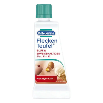 Dr beckmann fleckenteufel blut und eiweishaltiges 50ml reinigungsmittel in weißer flasche mit rotem etikett