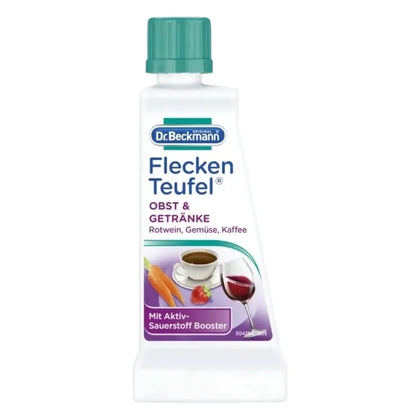 Weiße kunststoffflasche mit türkisfarbenem deckel und etikett dr beckmann fleckenteufel obst und getränke 50g