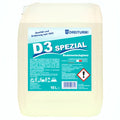 Ein 10-liter weißer kunststoffbehälter mit dreiturm d3 spezial wischpflege bodenreiniger und türkis-weißem etikett