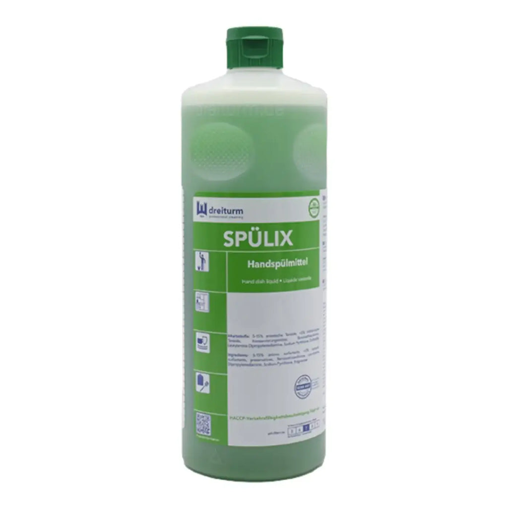 Grüne plastikflasche von dreiturm spülix handspülmittel mit grünem deckel und etikett für die handwäsche
