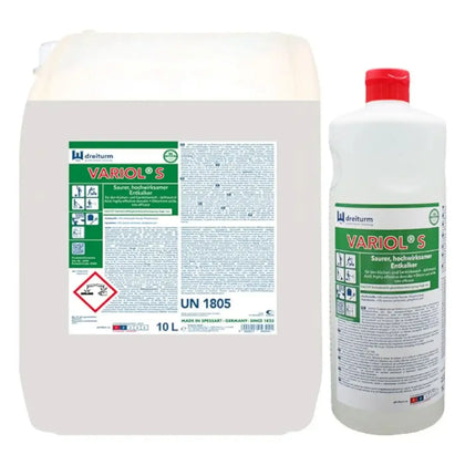 Zwei plastikbehälter dreiturm variol s mit roten verschlüssen ein 10 liter kanister und eine kleinere flasche saurer entwalker