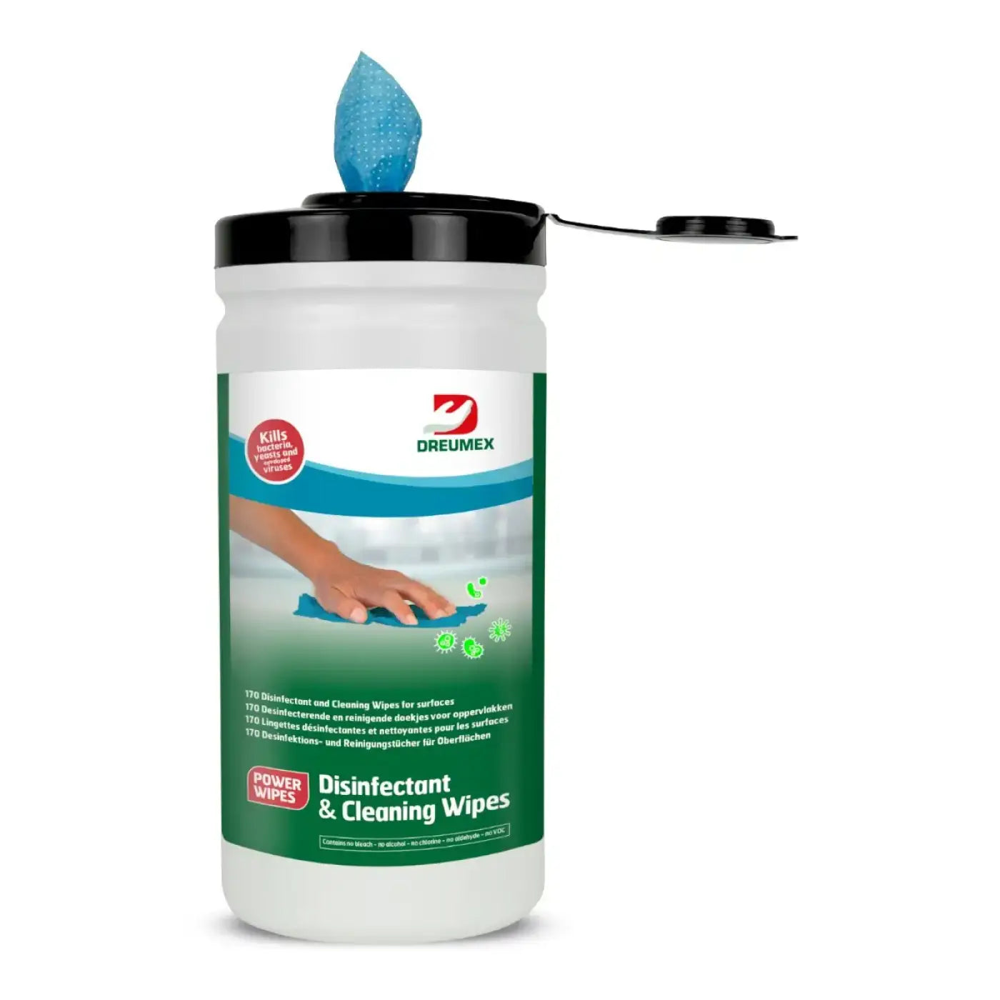 Ein weißer kunststoffbehälter mit schwarzem klappdeckel enthält blaue dreumex power wipes reinigungs- und desinfektionstücher
