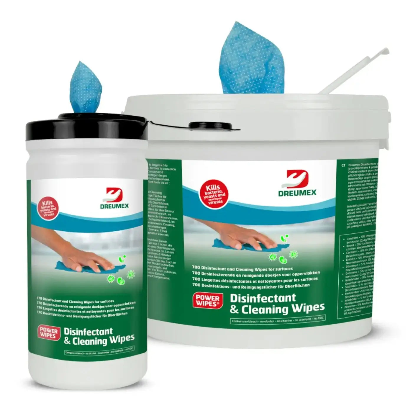 Dreumex desinfektions und reinigungstücher in weiß grüner dose mit blauen wipes aus schwarzem deckel