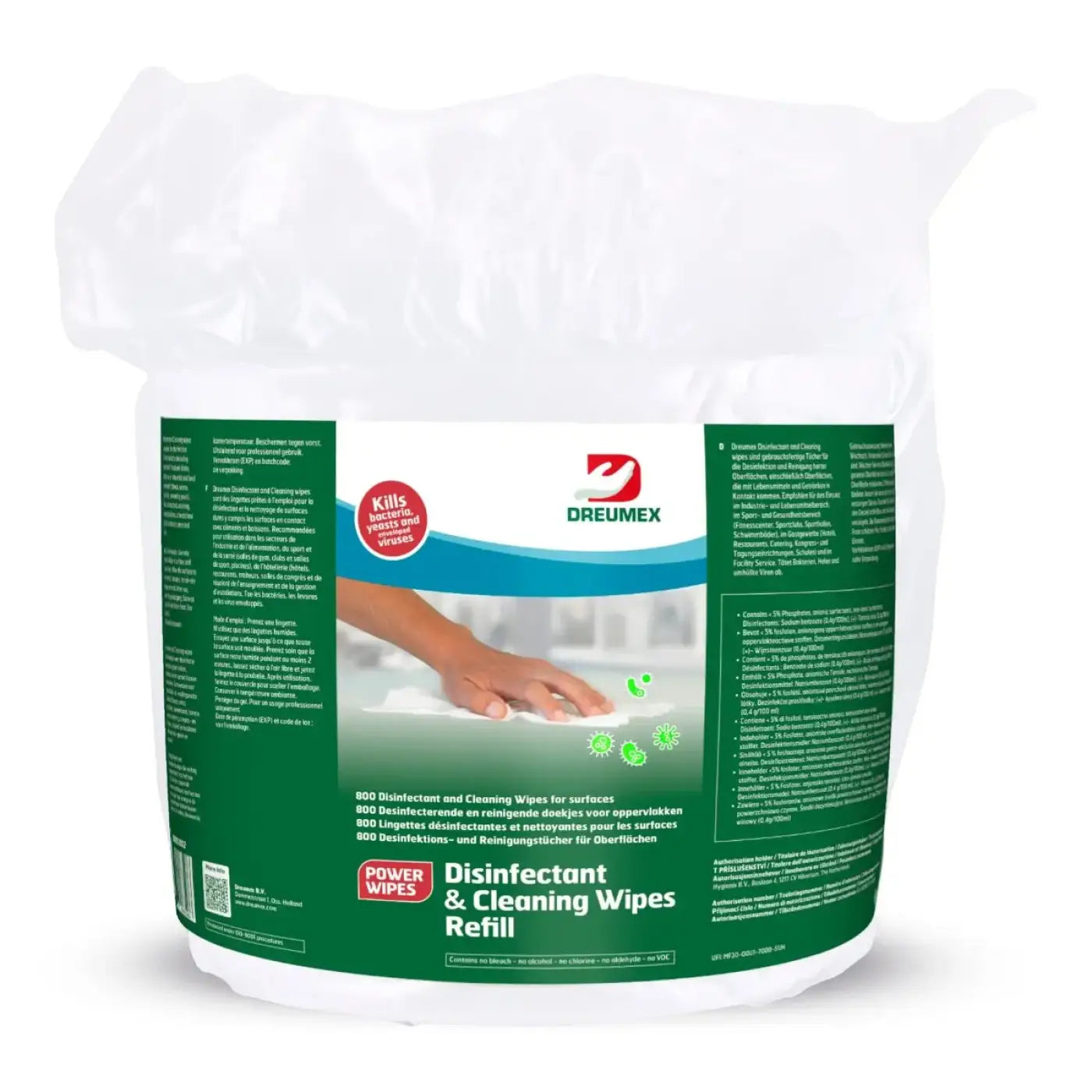 Dreumex power wipes nachfüllpackung mit 800 grünen und weißen etiketten für desinfektions- und reinigungstücher