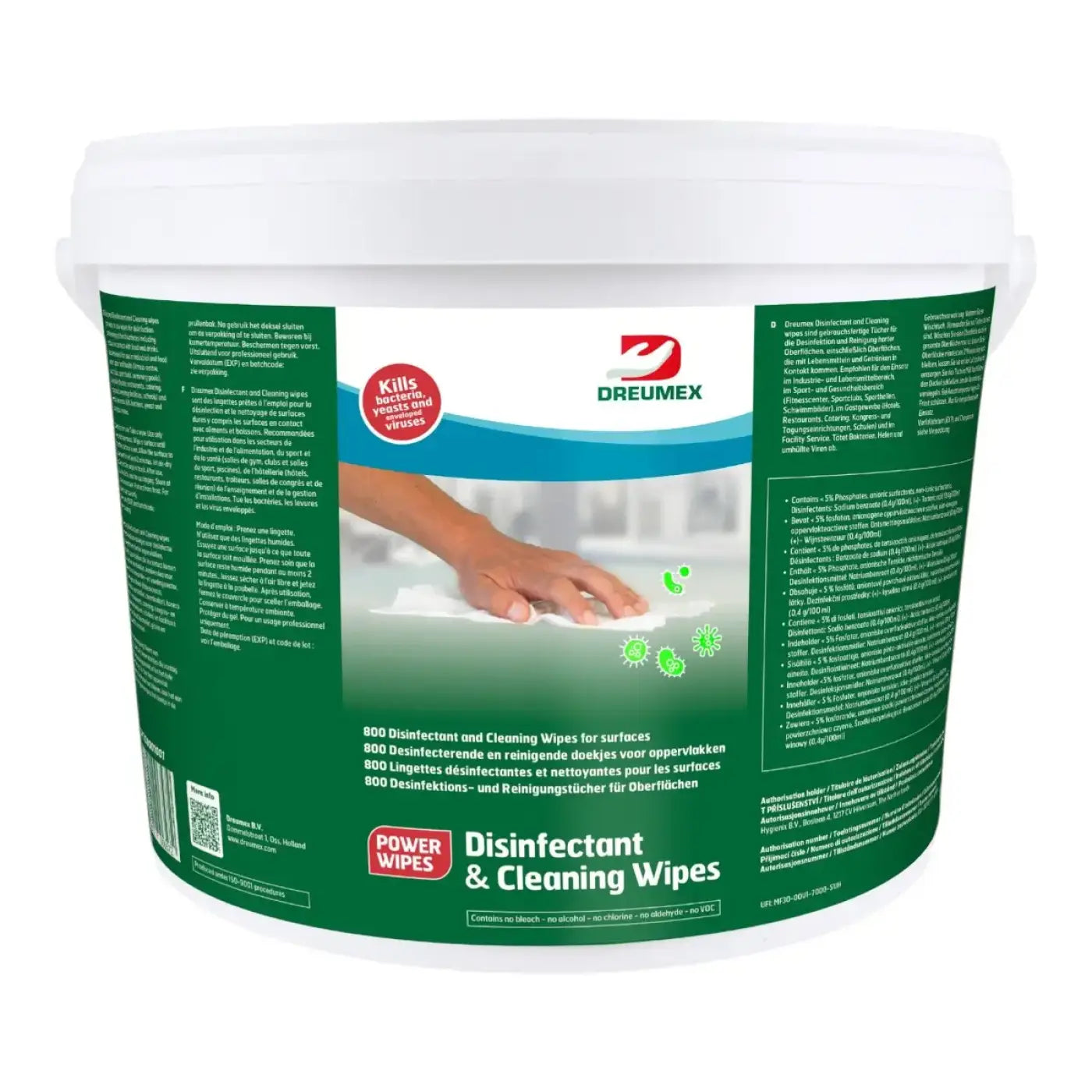 Grün weißer behälter mit dreumex disinfectant und cleaning wipes desinfektions und reinigungstüchern