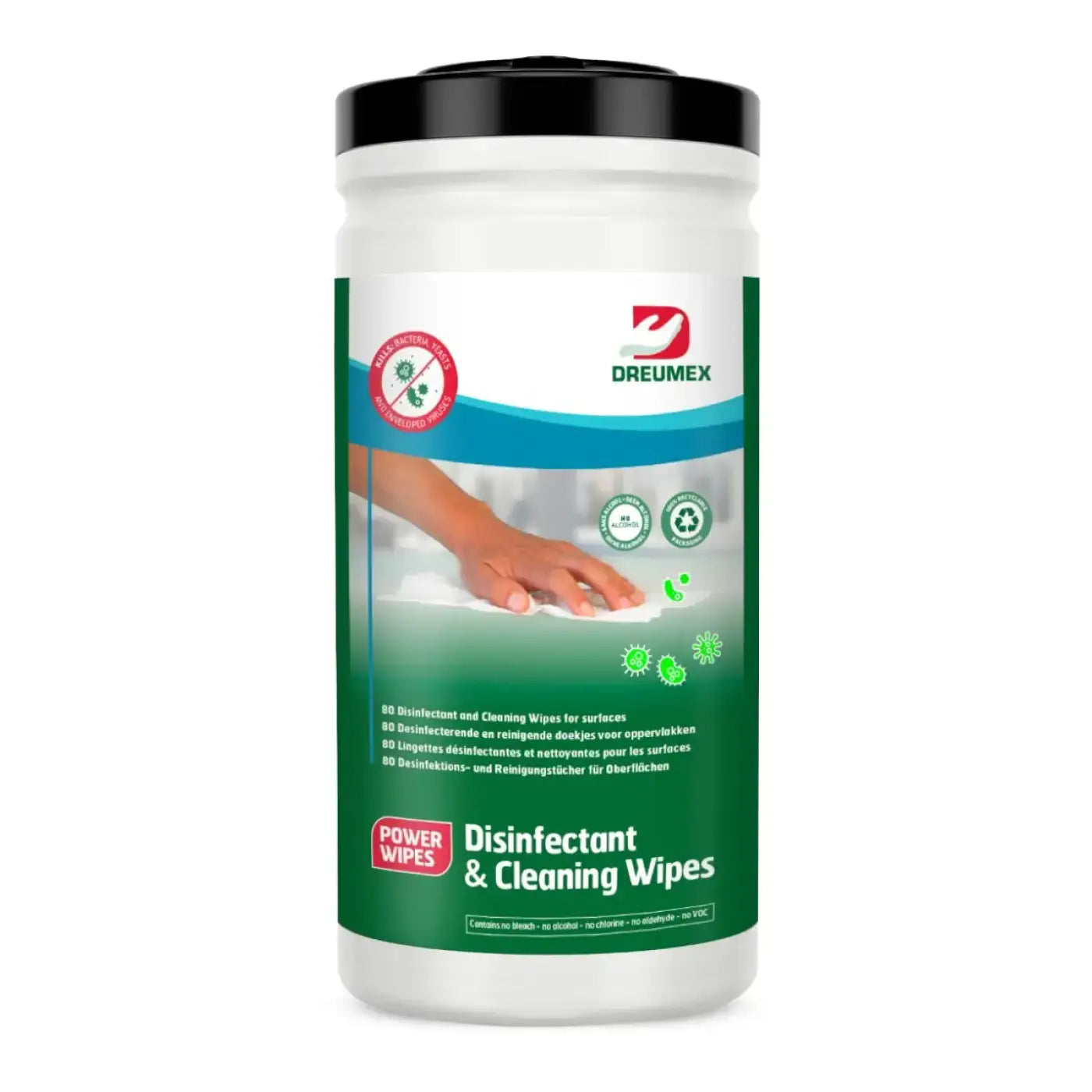 Weißer kunststoffbehälter mit schwarzem deckel und grünem etikett der marke dreumex mit desinfektions- und reinigungstüchern