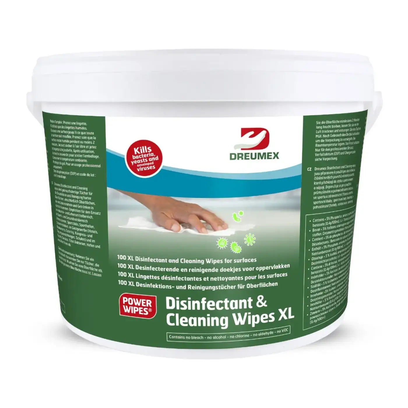 Weißer kunststoffbehälter mit grünem und türkisem etikett mit 100 xl dreumex reinigungs- und desinfektionstüchern