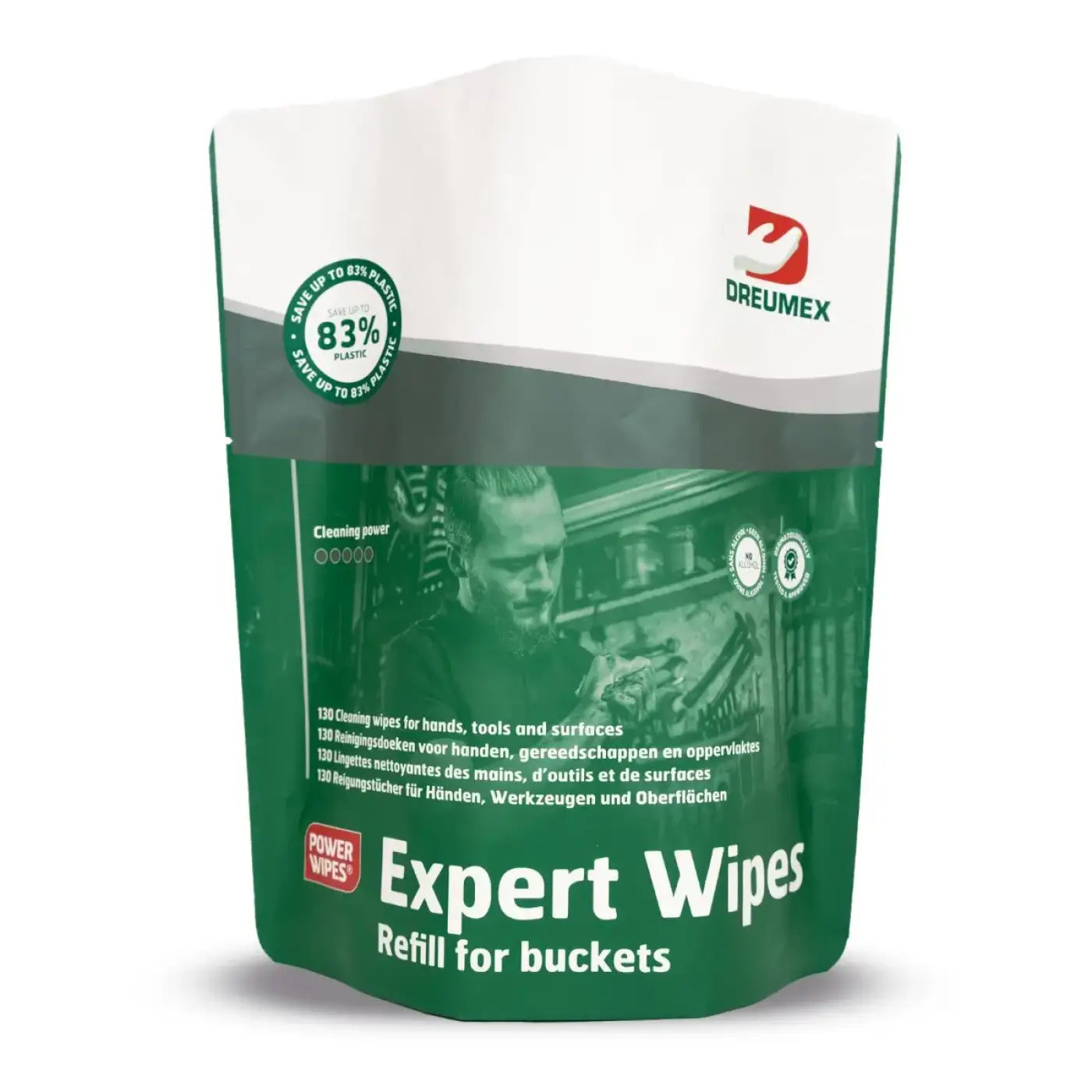 Grün-weißes wiederverschließbares nachfüllpack dreumex expert wipes reinigungstücher für hände und haut 130 stück