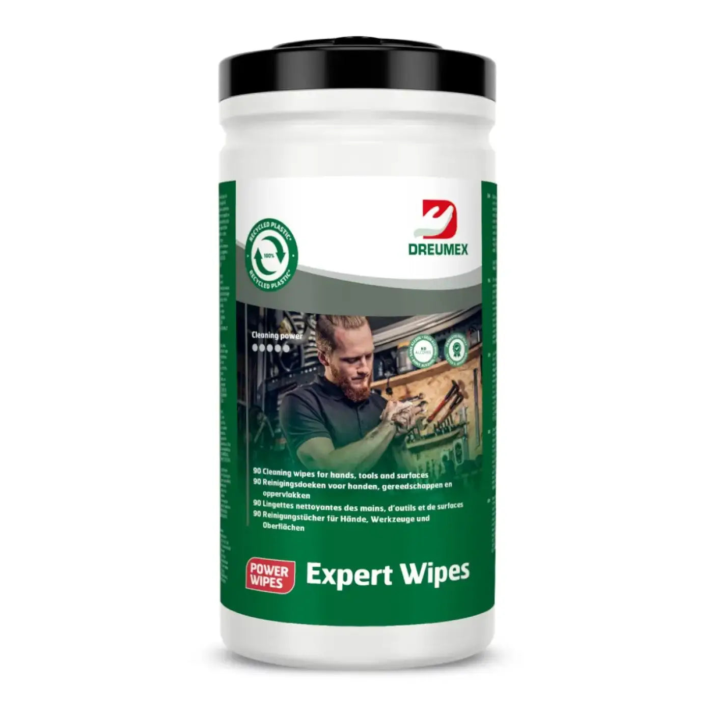 Grün-weißer zylindrischer behälter dreumex expert wipes reinigungstücher für hände und haut mit schwarzem deckel