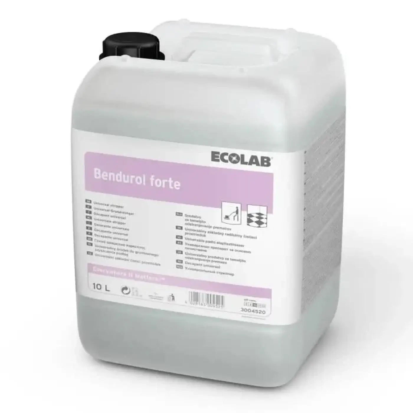 Weißer 10-liter kunststoffkanister mit schwarzem verschluss und etikett bendurol forte von ecolab grundreiniger