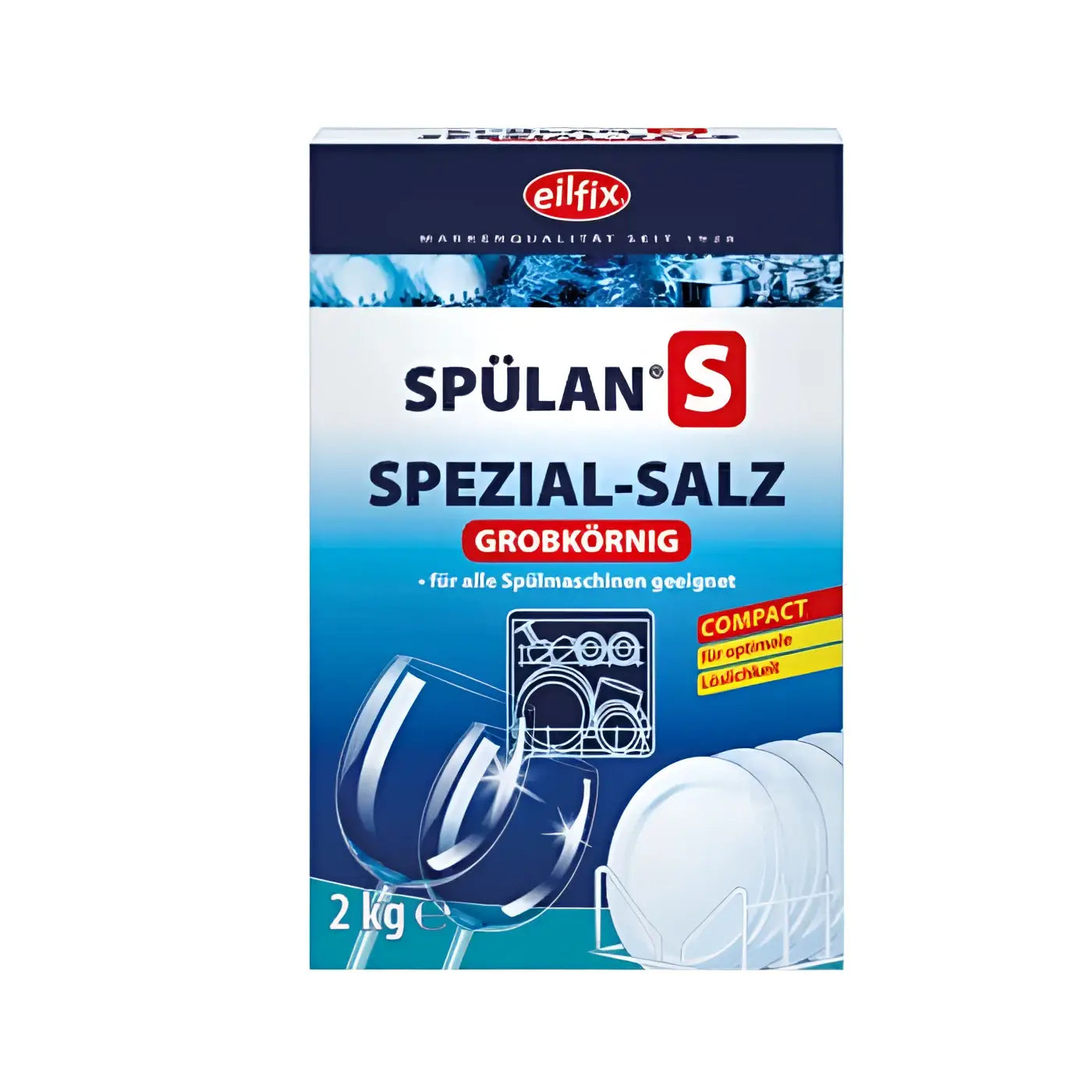 Blue and white 2 kg box of eilfix spülan spezial-salz granular dishwasher salt for efficient water softening