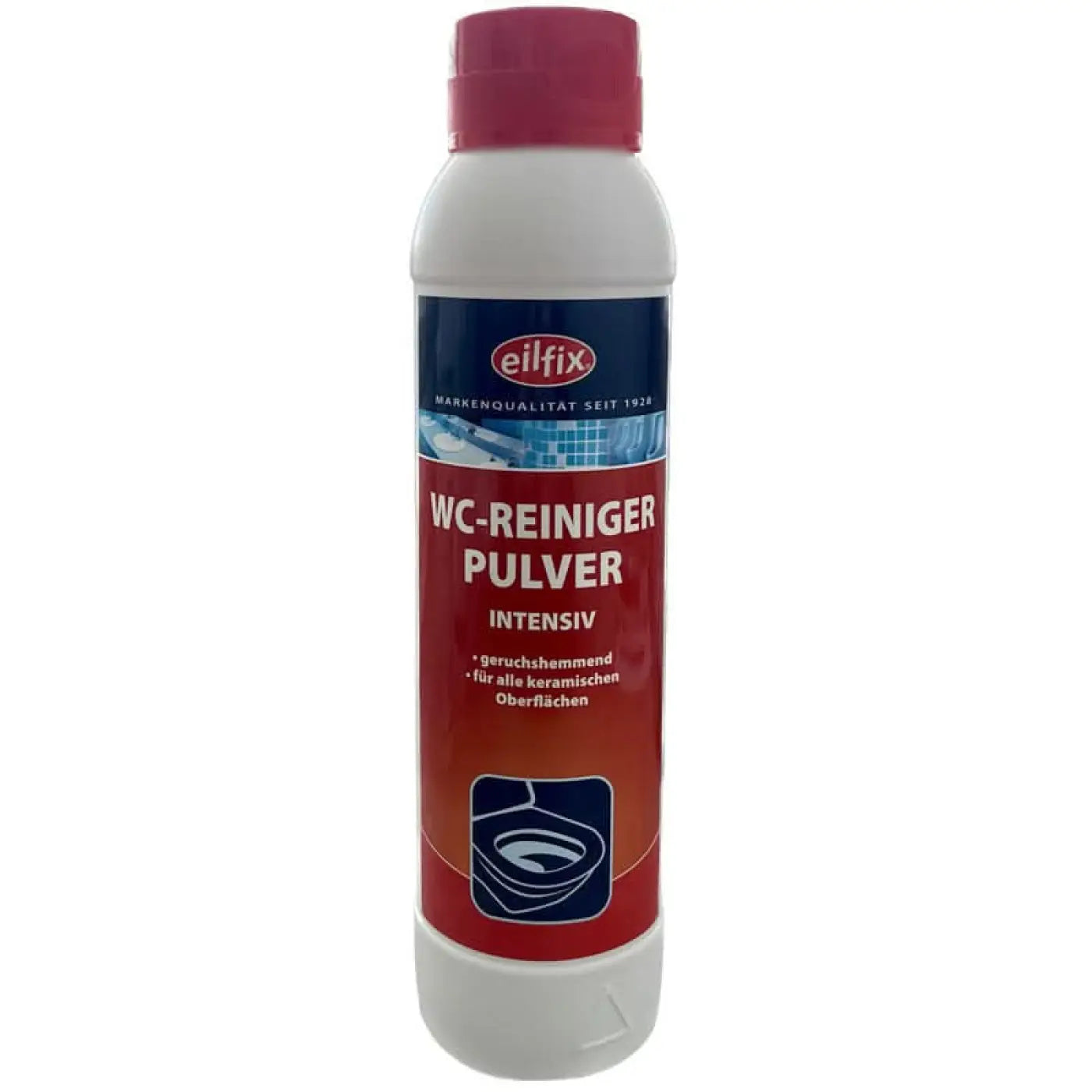 Rote und weiße plastikflasche eilfix wc-reiniger pulver intensiv zur toilettenreinigung 1kg