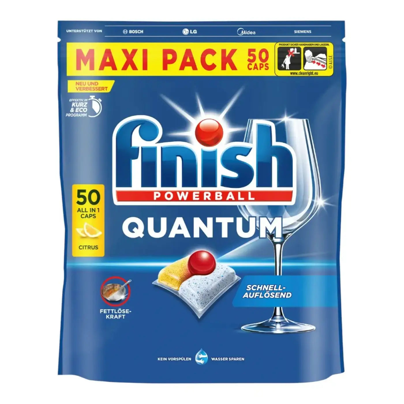 Finish powerball quantum all in1 citrus 50er caps in blauer tasche mit weiß-roter markenkennzeichnung