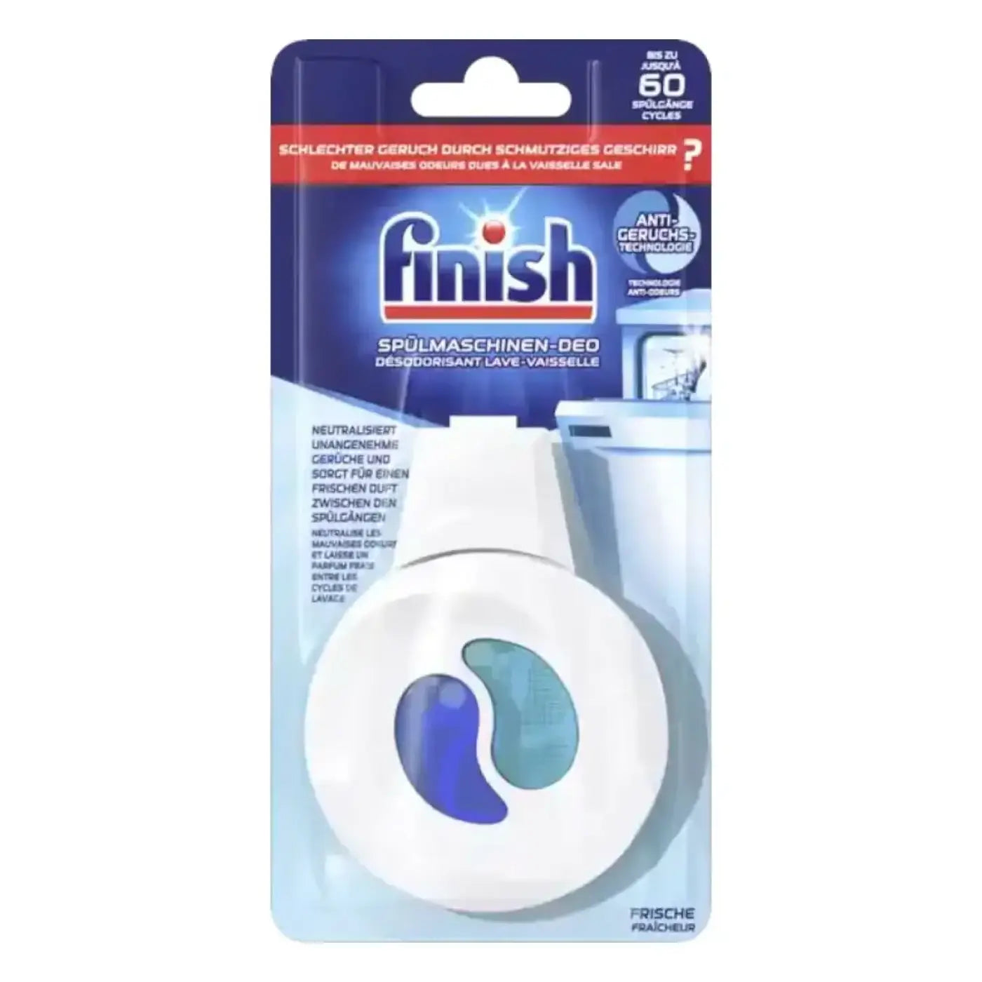 Weißes rundes finish spülmaschinen-deo mit blauem und türkisfarbenem gel in durchsichtiger blisterverpackung